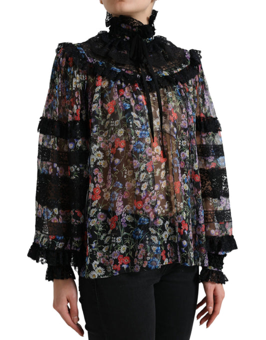 Black Floral Print Long Sleeves Blouse Top