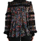 Black Floral Print Long Sleeves Blouse Top