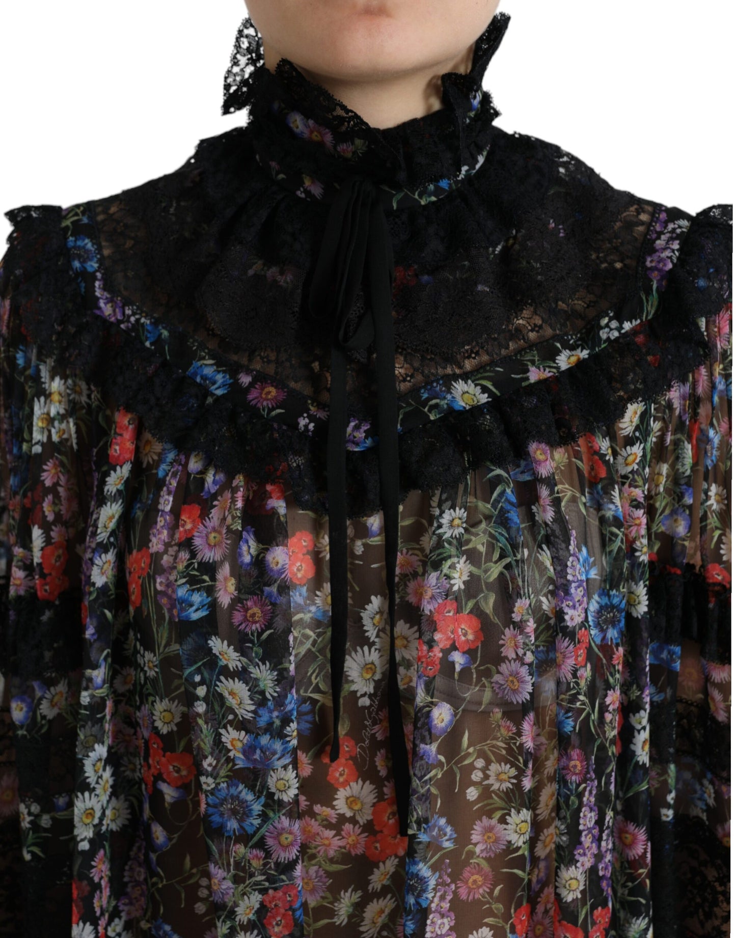 Black Floral Print Long Sleeves Blouse Top