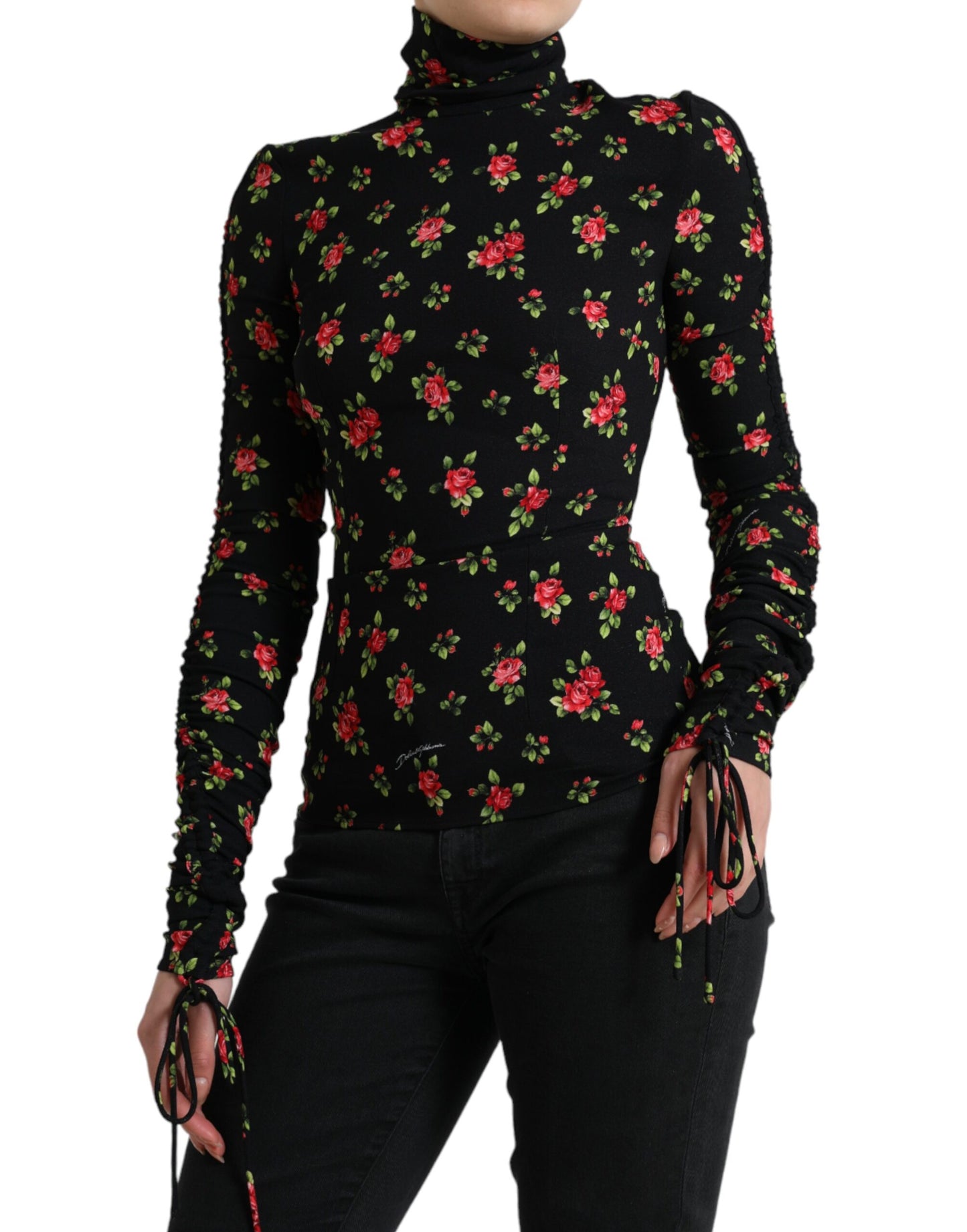 Black Rose Print Turtle Neck Blouse Top