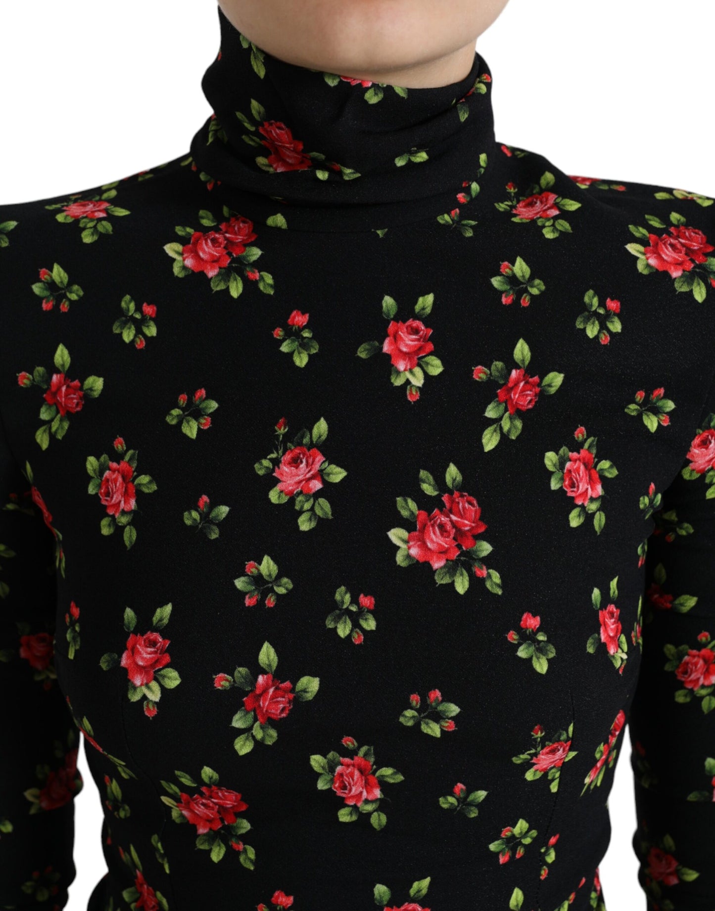 Black Rose Print Turtle Neck Blouse Top