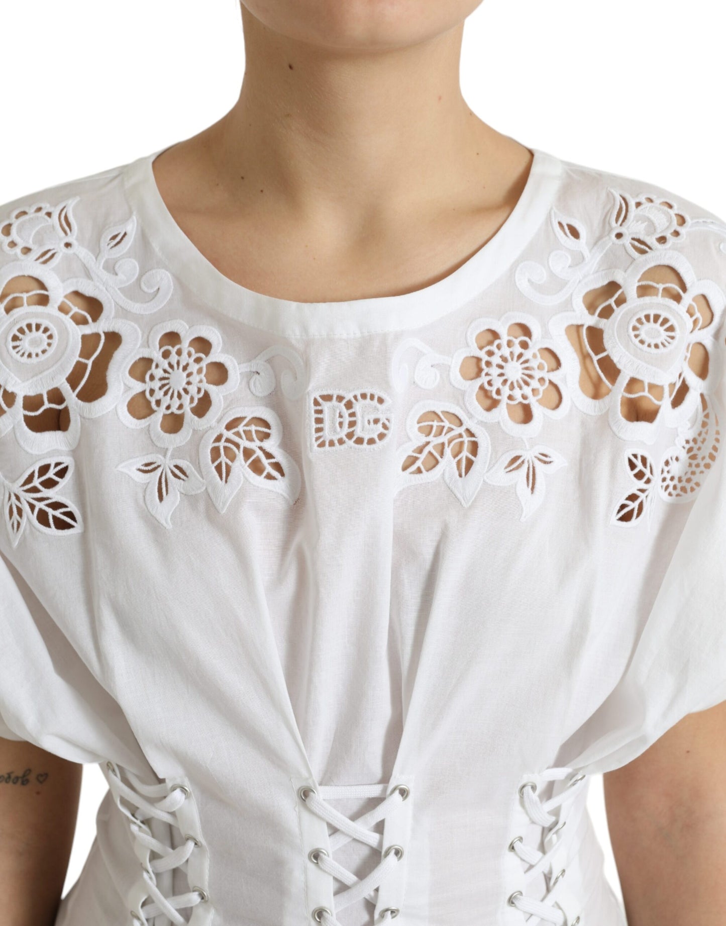 White Cotton Floral Cut Out Blouse Top