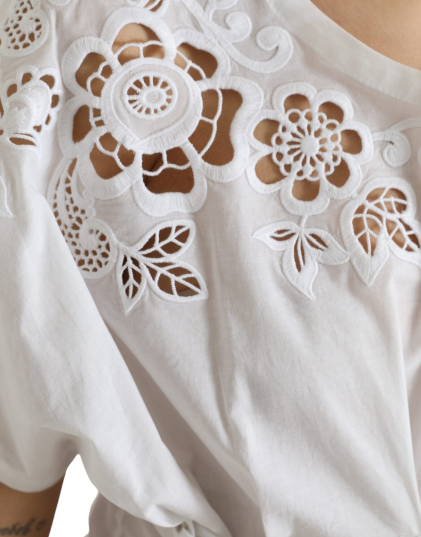 White Cotton Floral Cut Out Blouse Top