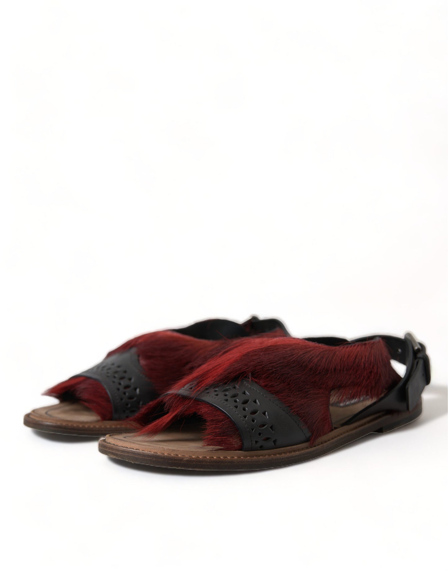 Elegant Black & Red Fur-Trimmed Sandals