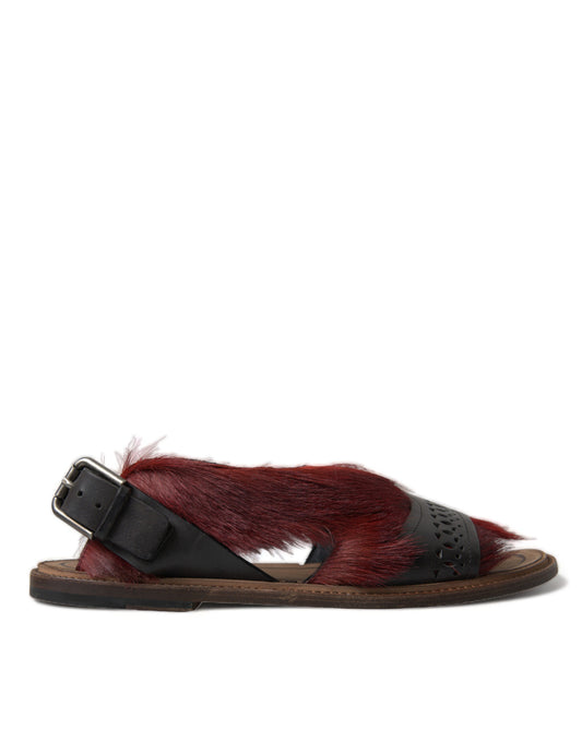 Elegant Black & Red Fur-Trimmed Sandals