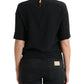Black Silk Round Neck Short Sleeve Blouse Top