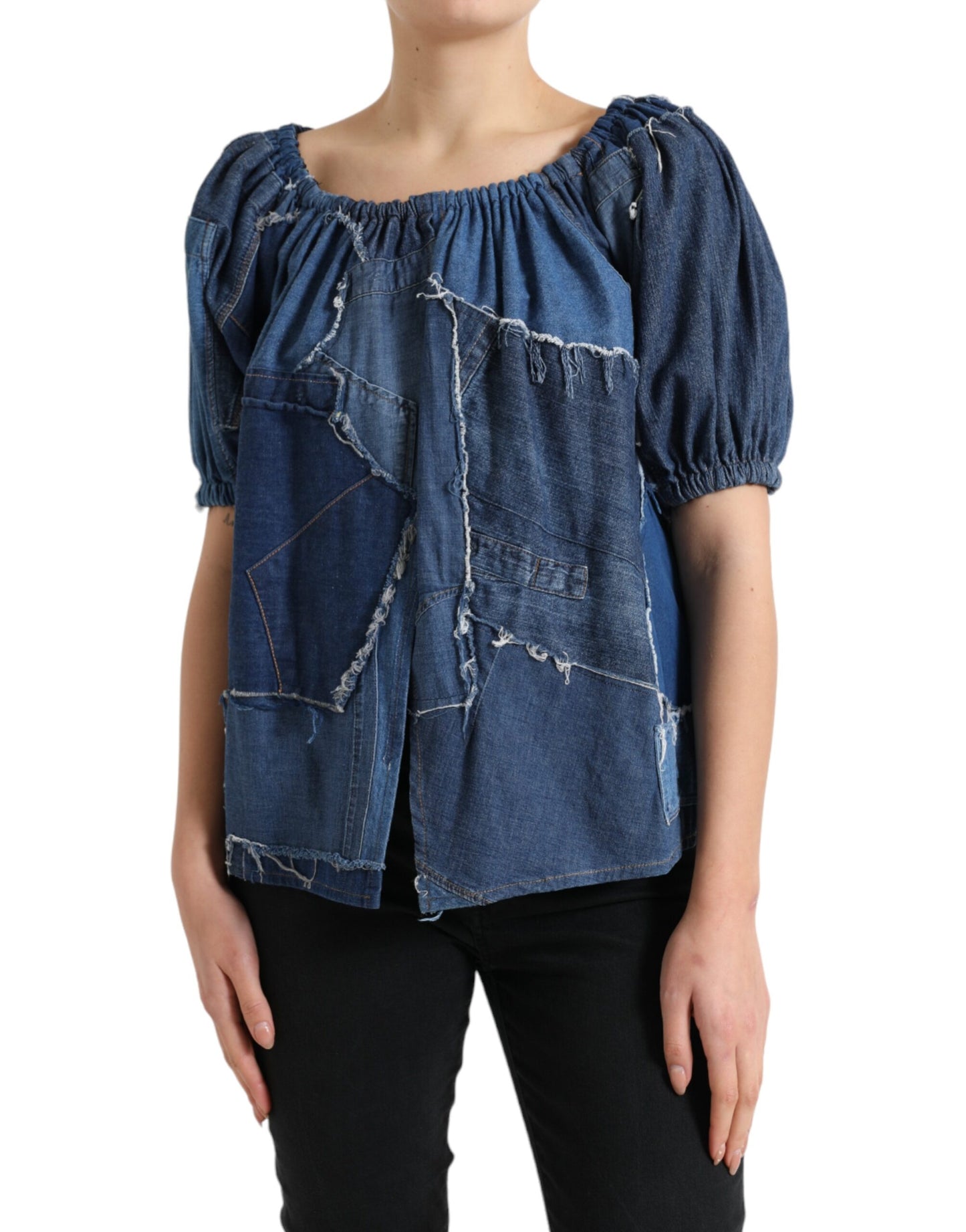 Blue Patchwork Short Sleeves Denim Blouse Top