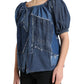 Blue Patchwork Short Sleeves Denim Blouse Top