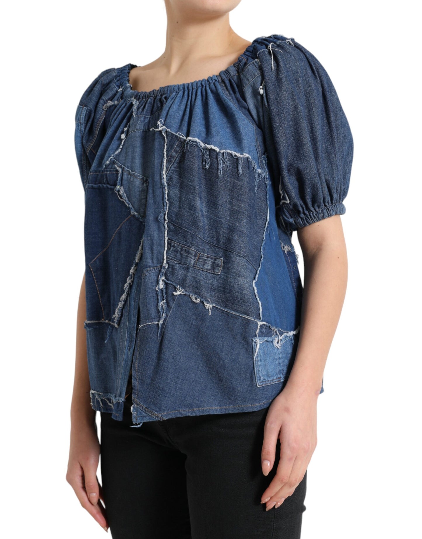 Blue Patchwork Short Sleeves Denim Blouse Top