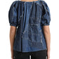 Blue Patchwork Short Sleeves Denim Blouse Top