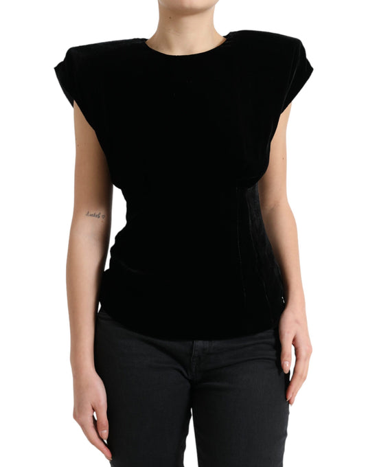 Black Velvet Fitted Padded Shoulder Blouse Top