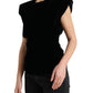 Black Velvet Fitted Padded Shoulder Blouse Top