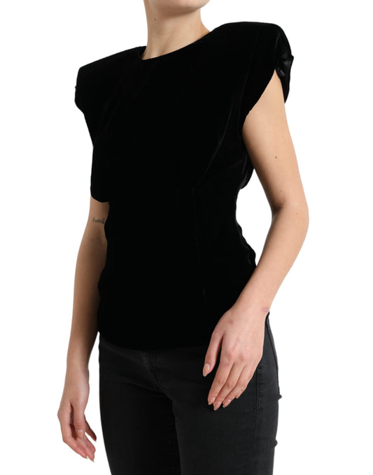 Black Velvet Fitted Padded Shoulder Blouse Top