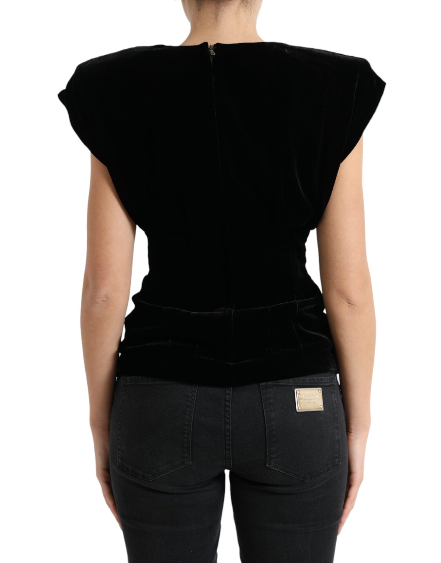 Black Velvet Fitted Padded Shoulder Blouse Top