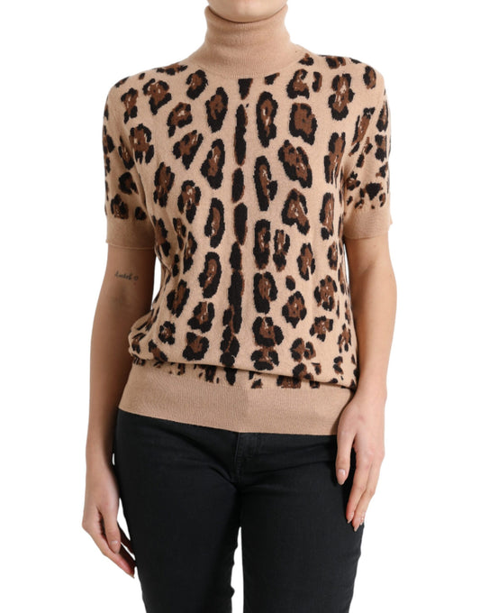 Beige Leopard Print Wool Turtleneck Top