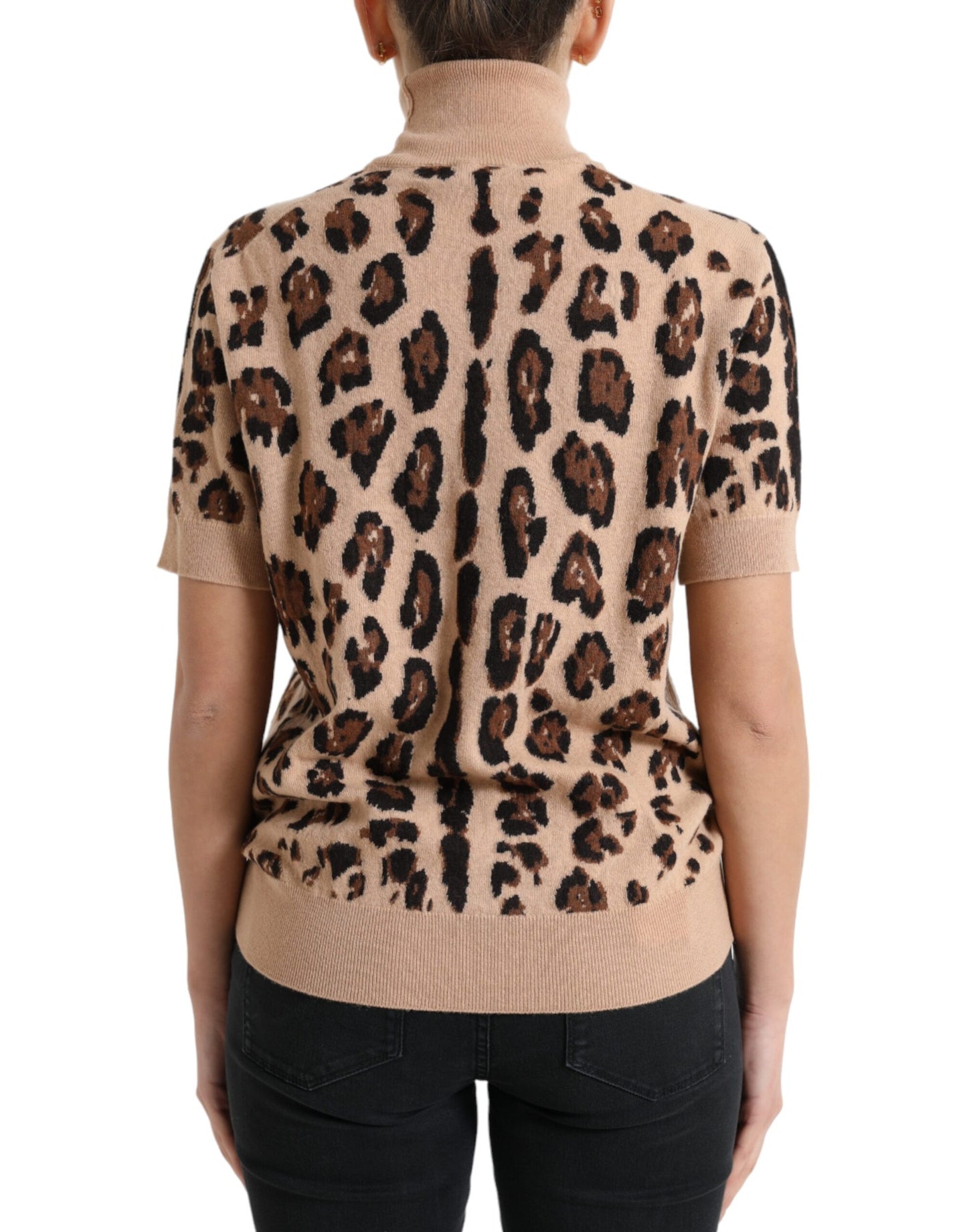 Beige Leopard Print Wool Turtleneck Top