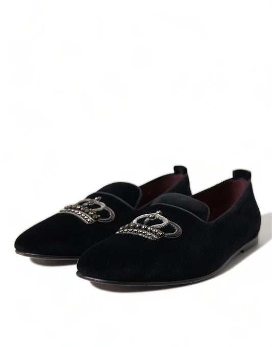 Black Velvet Crystal Crown Loafers Dress Shoes