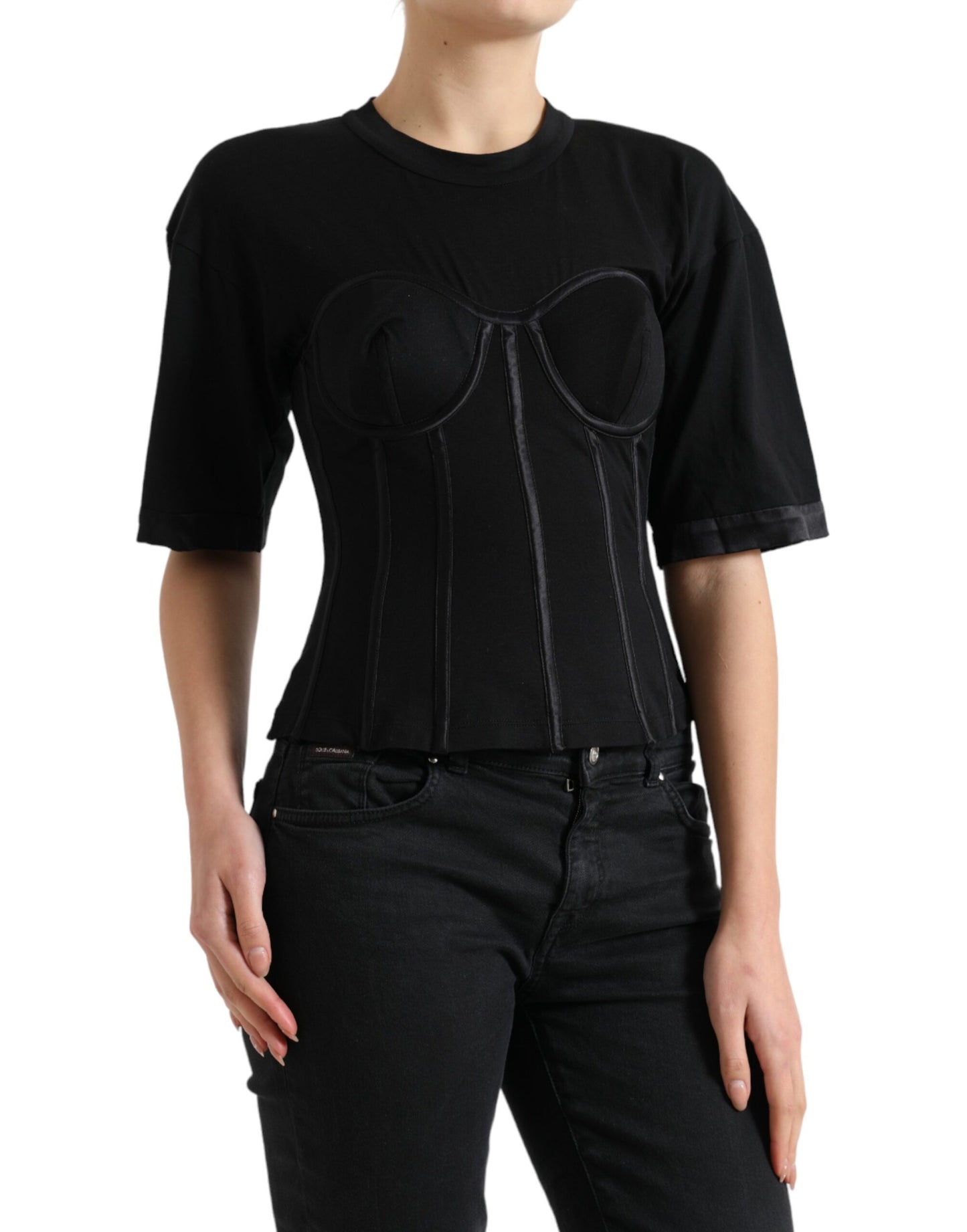 Black Satin Bustier Corset Jersey T-shirt Top