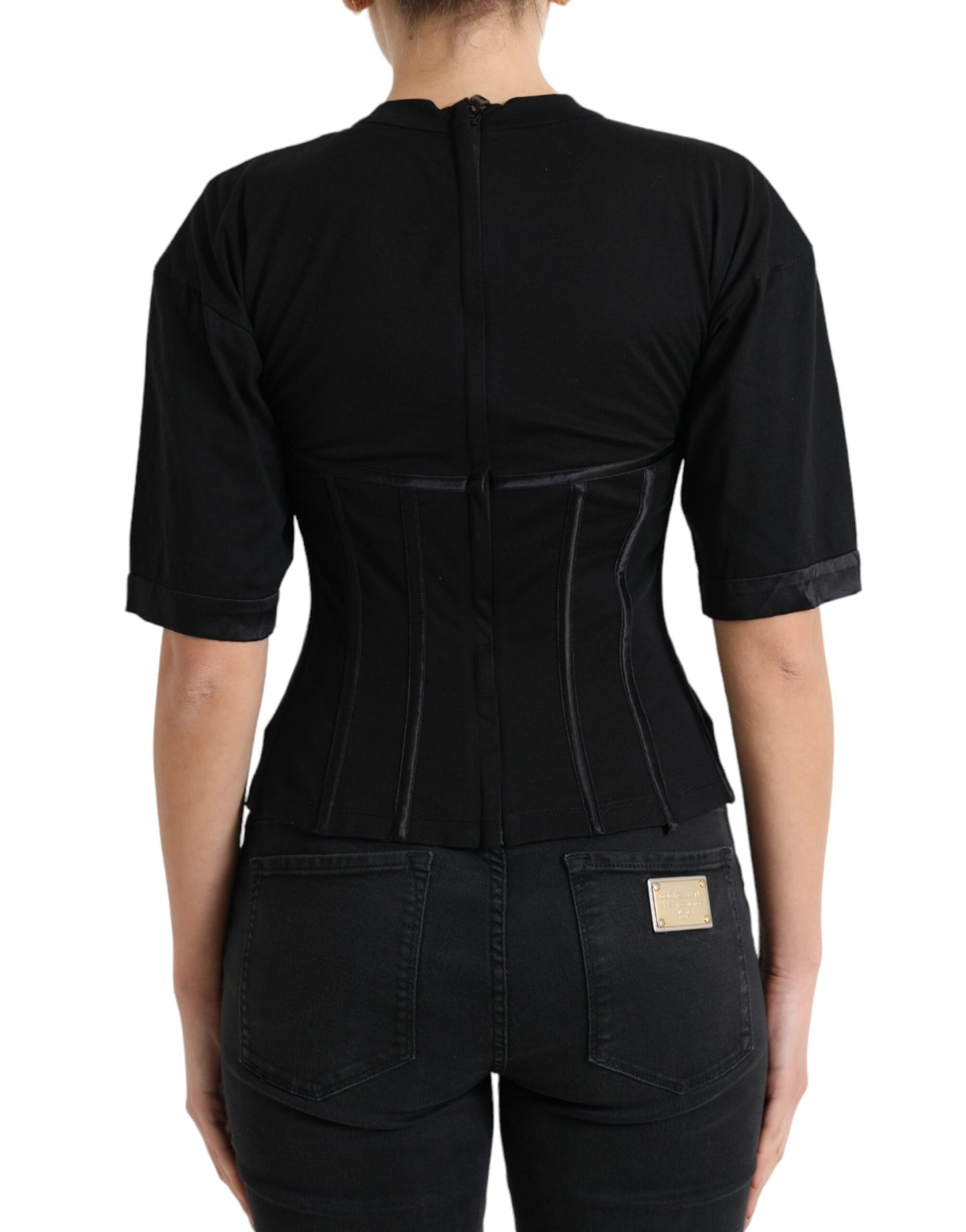 Black Satin Bustier Corset Jersey T-shirt Top