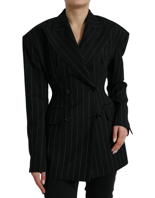 Black Striped Wool DoubleBreasted Coat Jacket