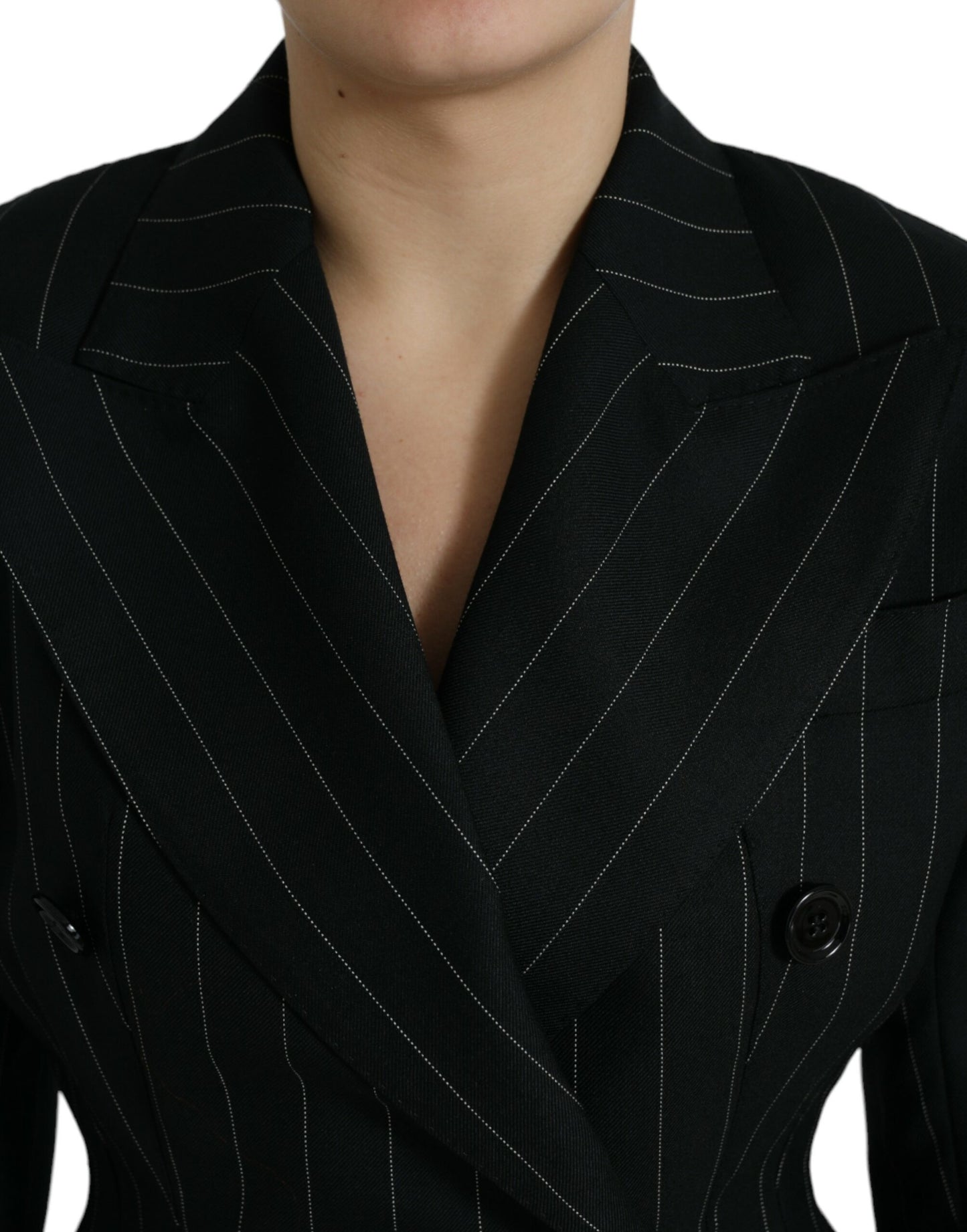 Black Striped Wool DoubleBreasted Coat Jacket