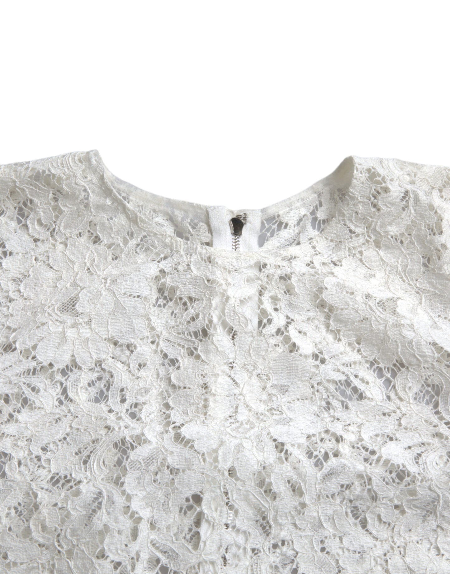 White Floral Lace Cotton Round Neck Blouse Top