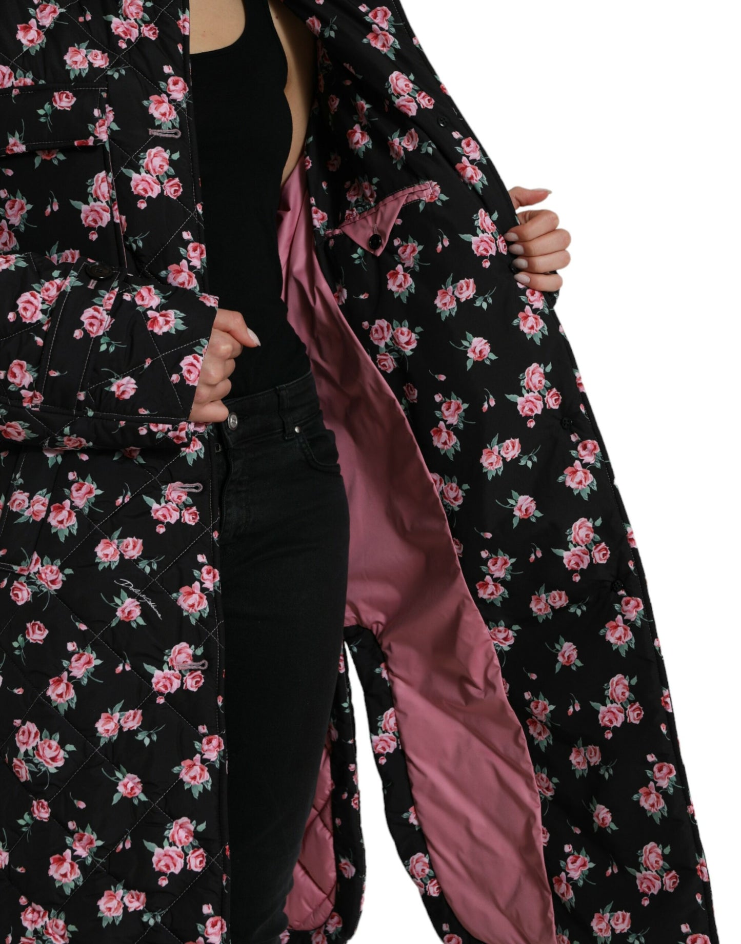 Black Floral Collared Trench Coat Jacket