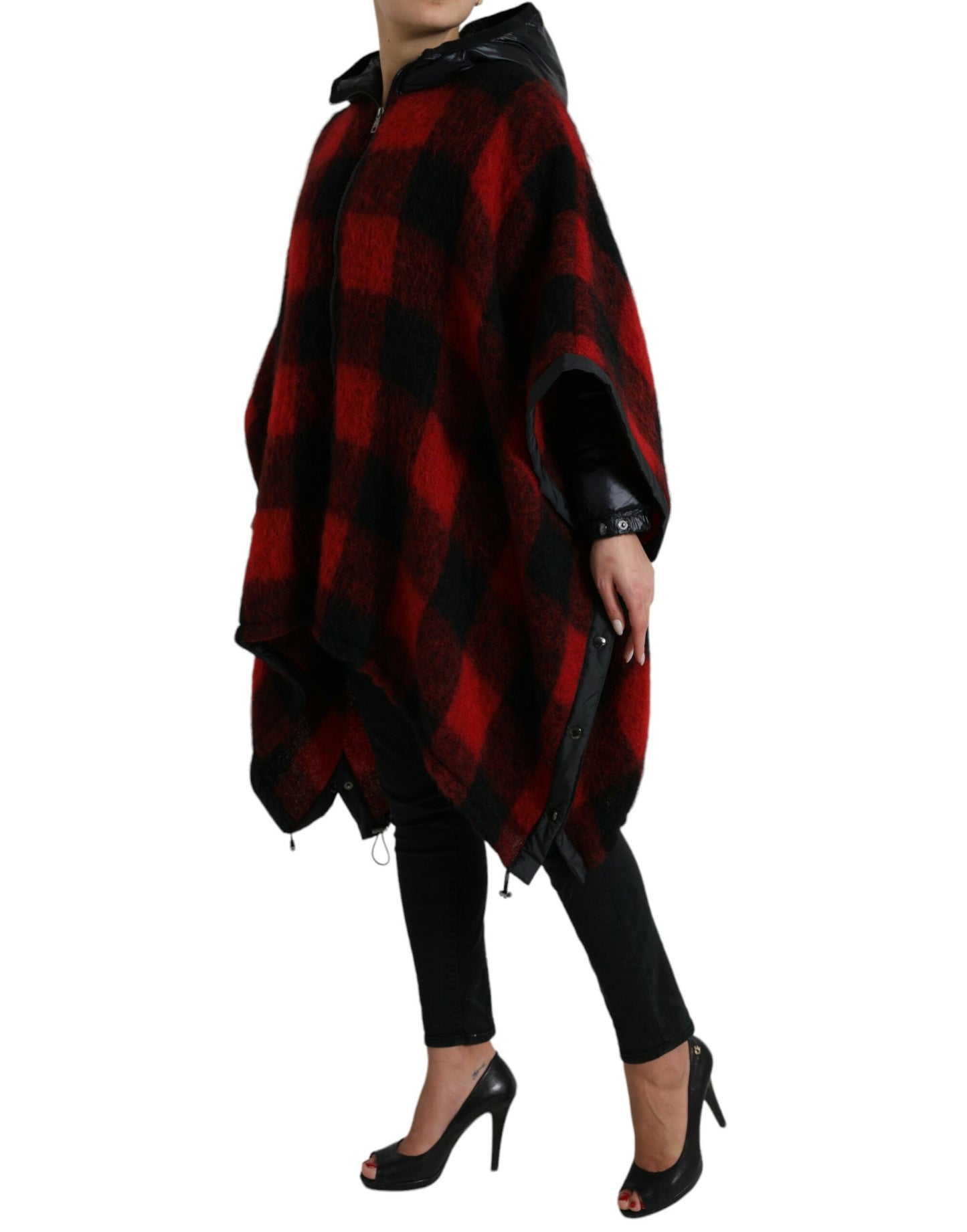 Black Red Buffalo Check Hooded Poncho Jacket