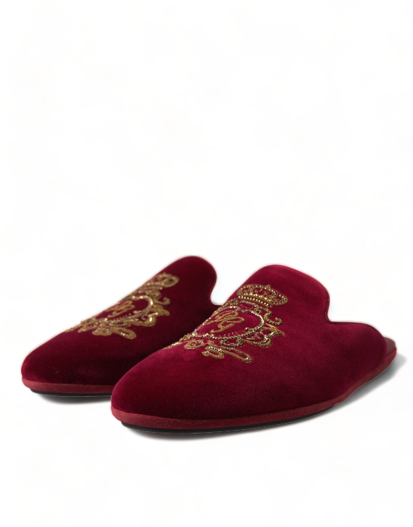 Bordeaux Velvet Gold Crown Embroidery Slides Shoes