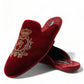 Bordeaux Velvet Gold Crown Embroidery Slides Shoes