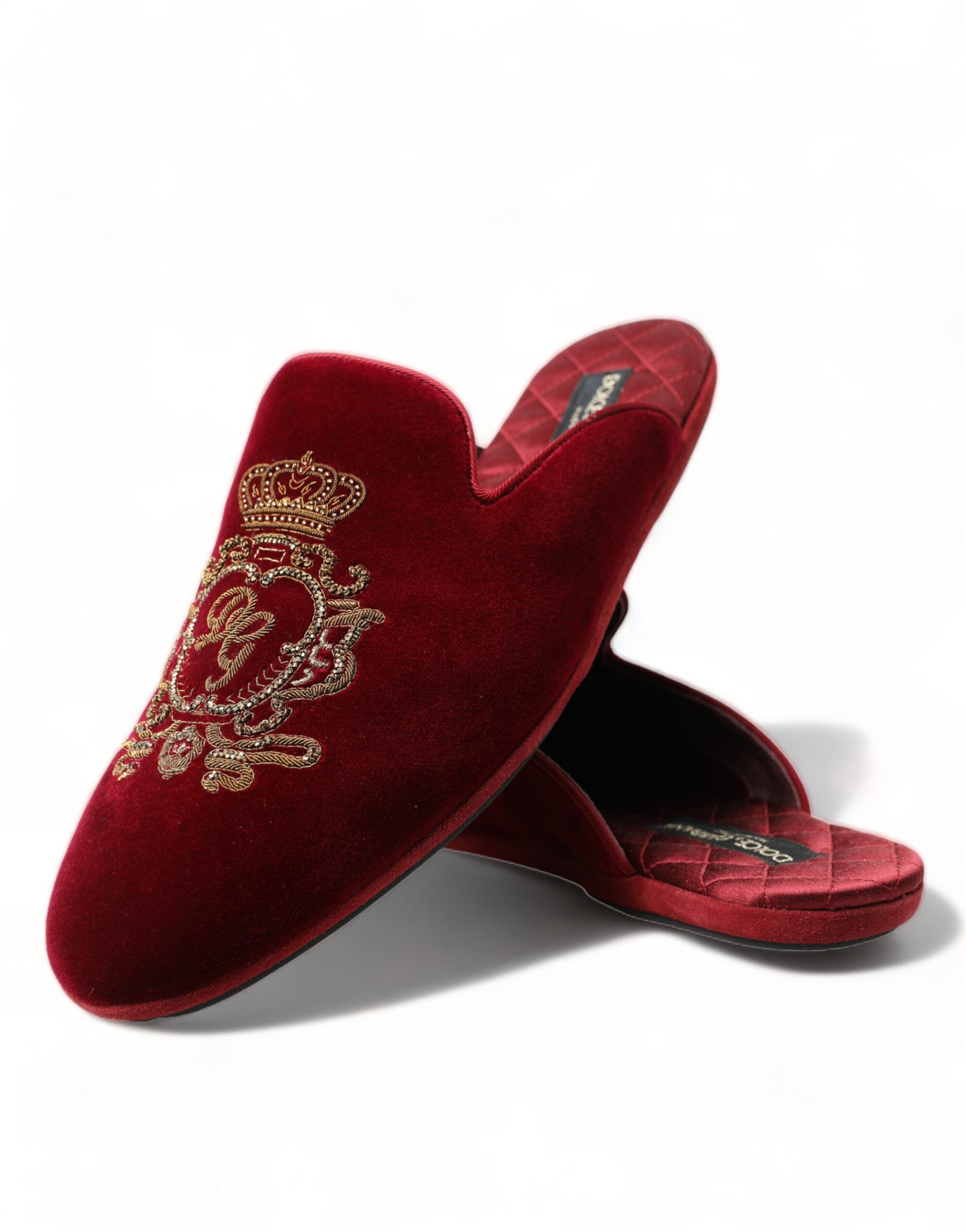 Bordeaux Velvet Gold Crown Embroidery Slides Shoes