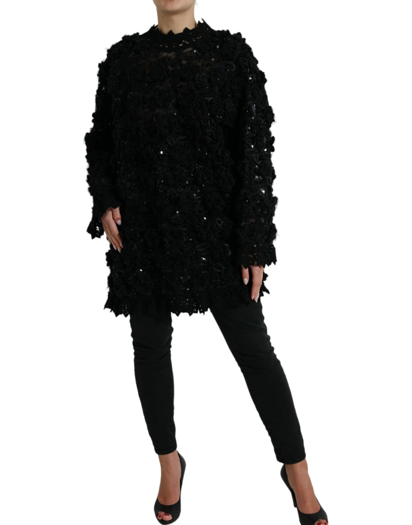 Black Sequined Embellished Pullover Sweater