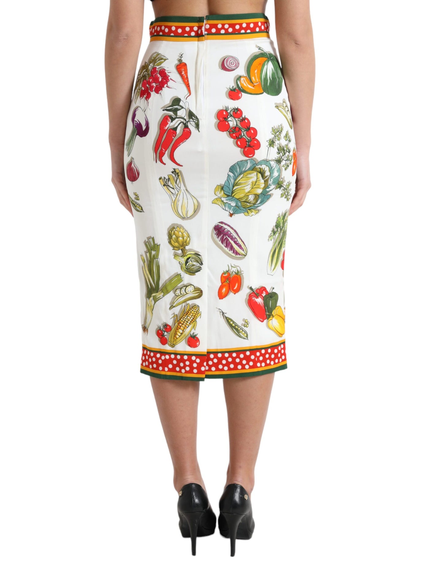 White Vegetable Print High Waist Midi Skirt