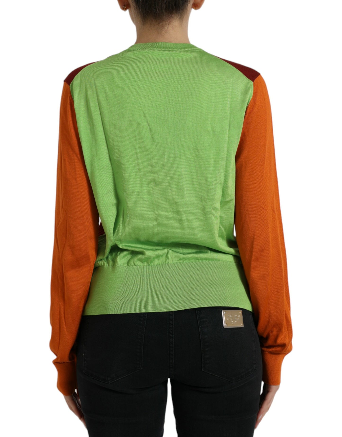 Multicolor Cardigan Color Block Silk Crewneck Sweater