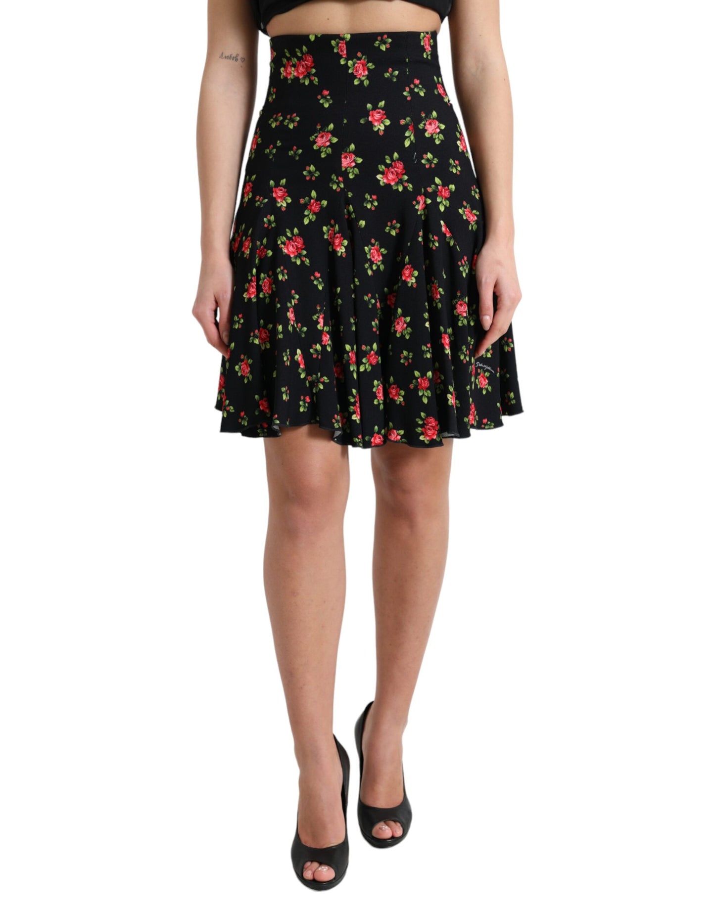 Black Rose Print High Waist A-line Mini Skirt