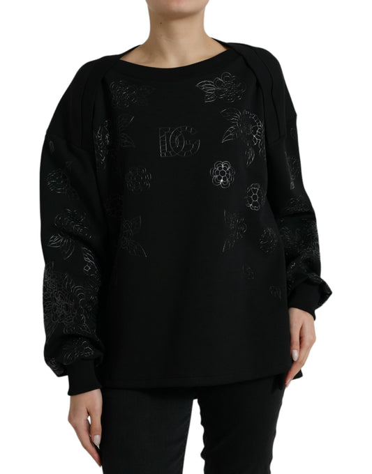 Black Pullover Floral Logo Applique Sweater