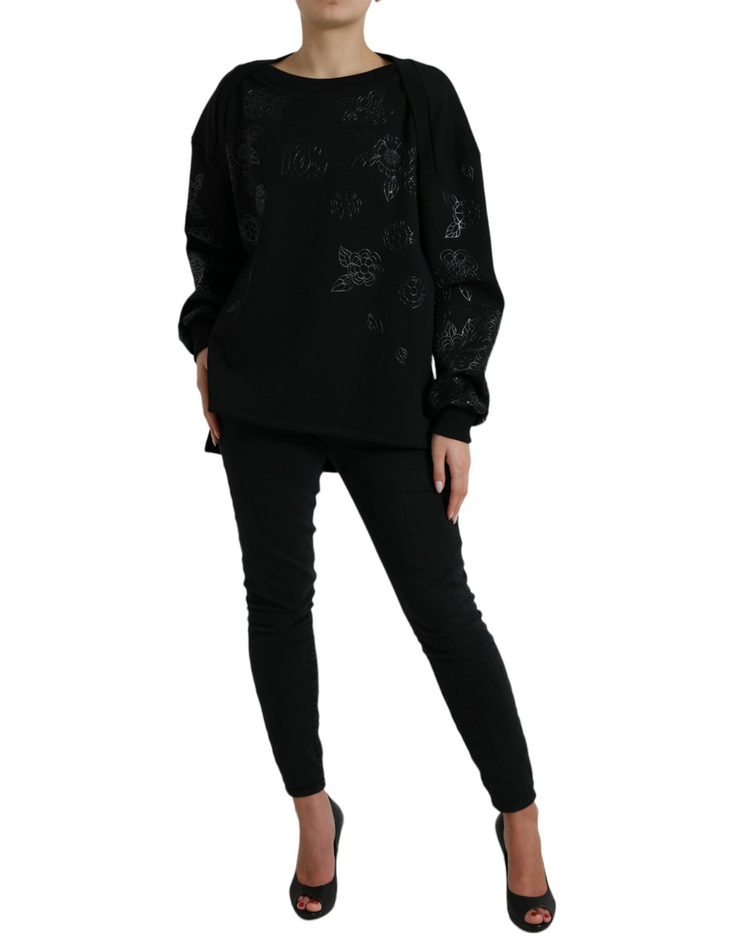 Black Pullover Floral Logo Applique Sweater