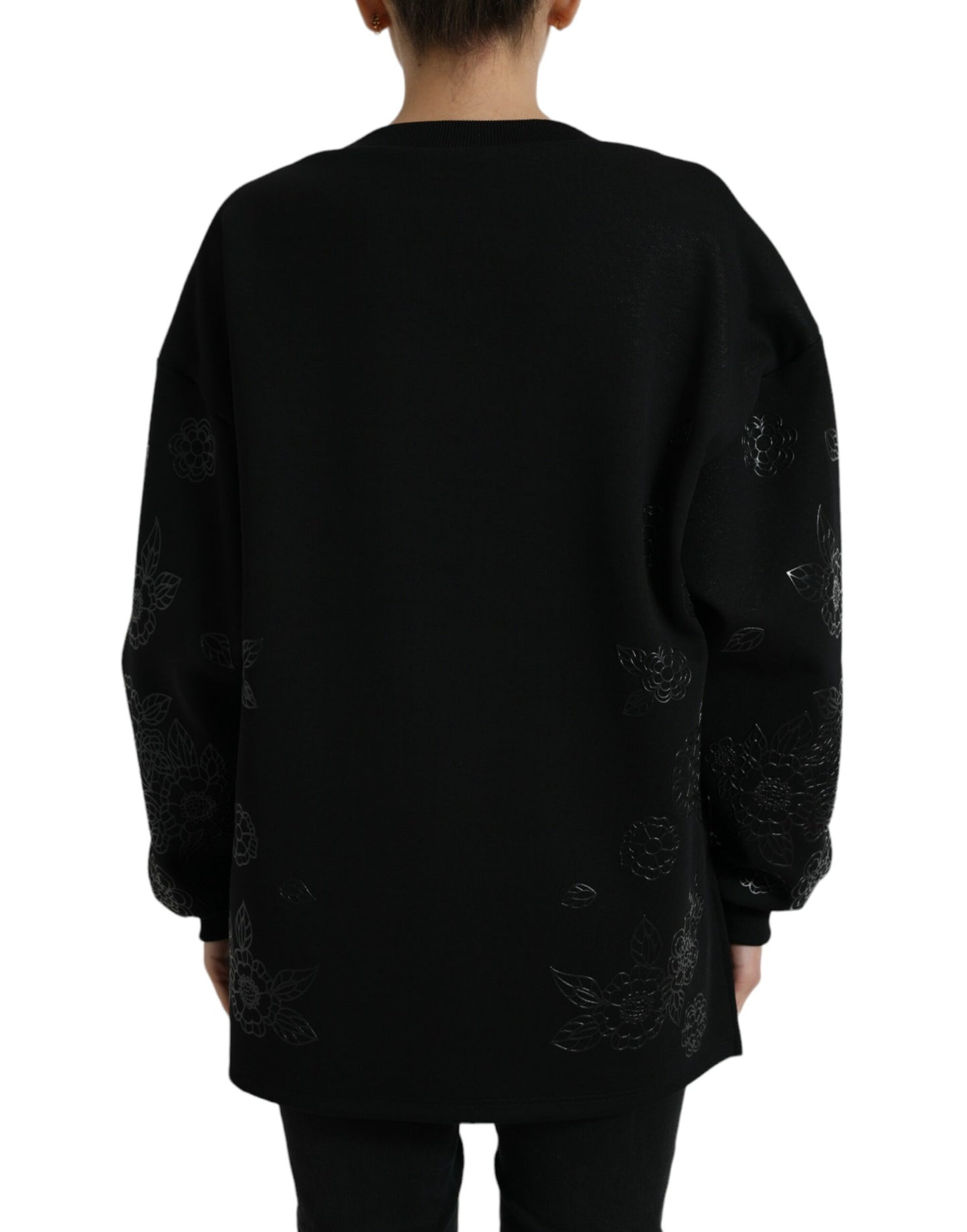 Black Pullover Floral Logo Applique Sweater