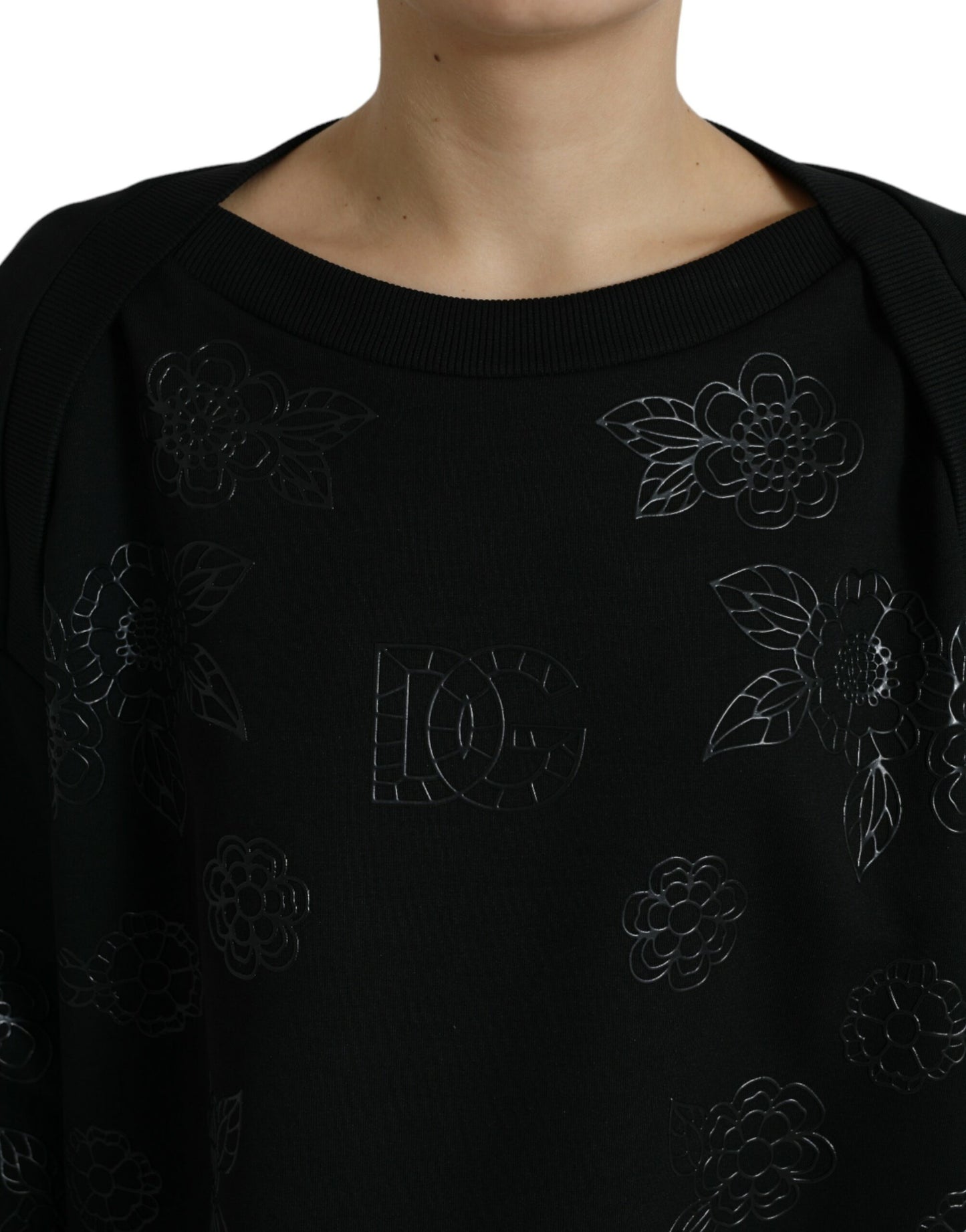 Black Pullover Floral Logo Applique Sweater