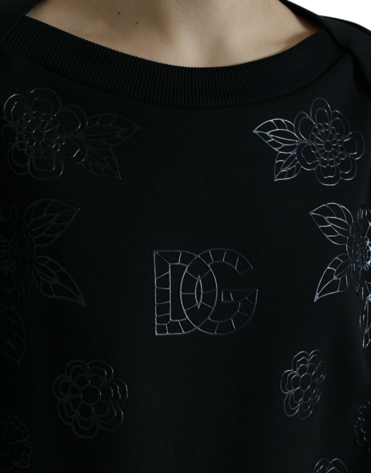 Black Pullover Floral Logo Applique Sweater