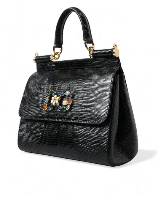 Black SICILY Leather Crystal Top Handle Shoulder Bag