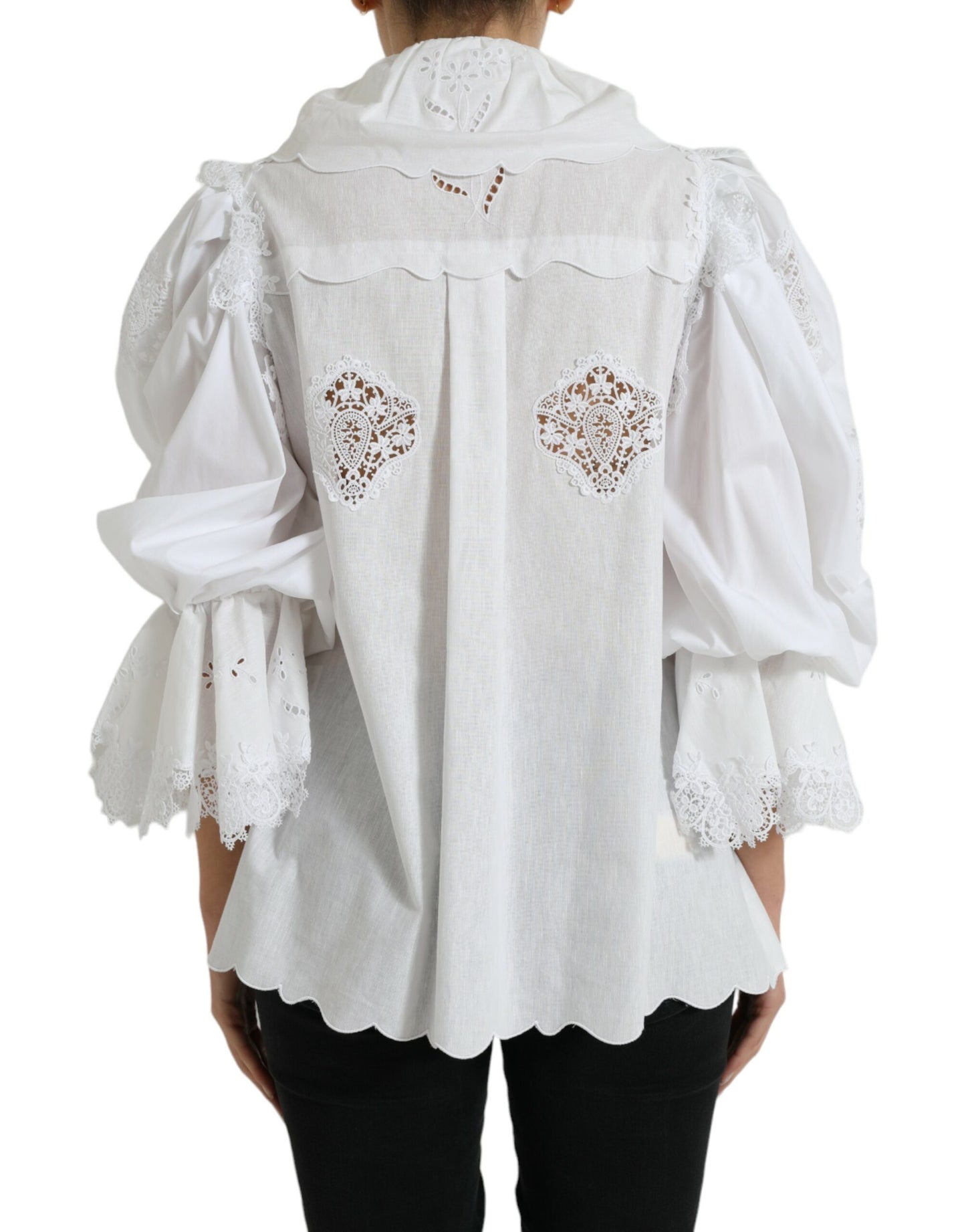 White Cotton Lace Trim Collared Blouse Top