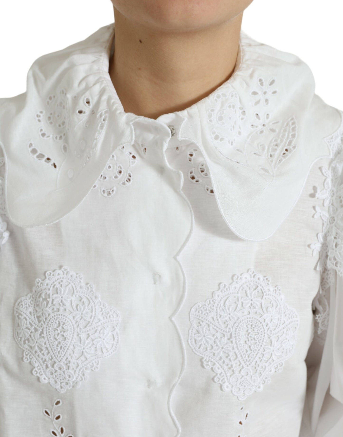 White Cotton Lace Trim Collared Blouse Top