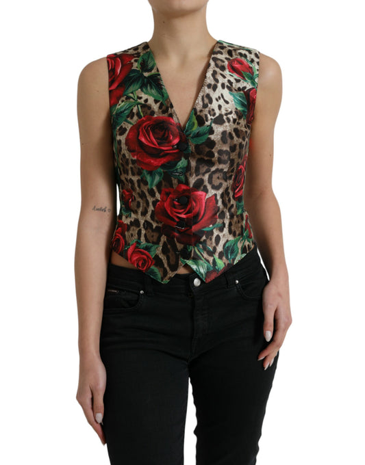 Brown Leopard Rose Silk Waistcoat Vest Top