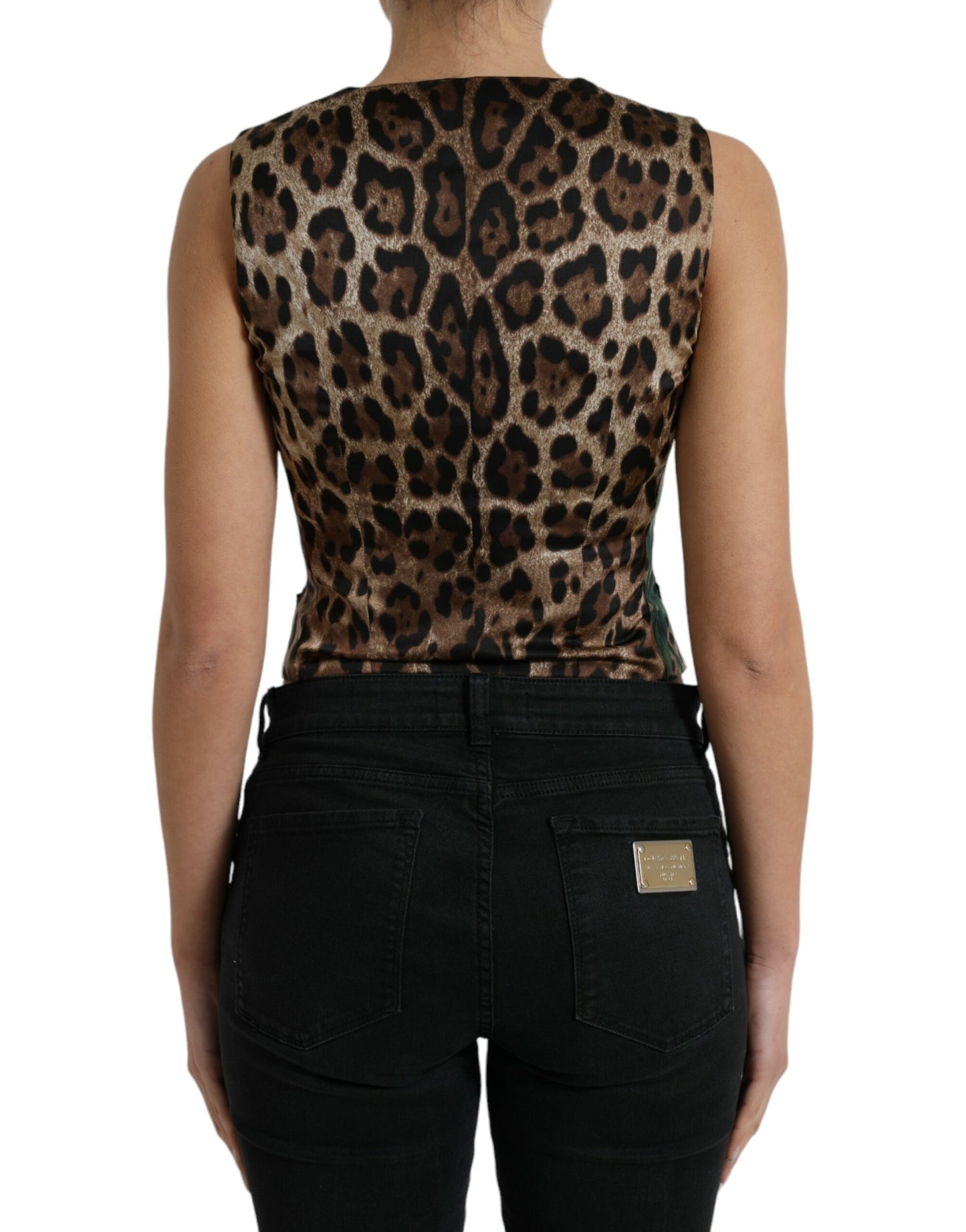 Brown Leopard Rose Silk Waistcoat Vest Top