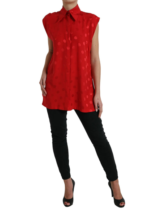 Red Polka Dot Sleeveless Collared Blouse Top