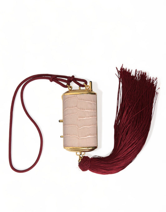 Pink Exotic Leather Mini Mirror Tassel Makeup Bag