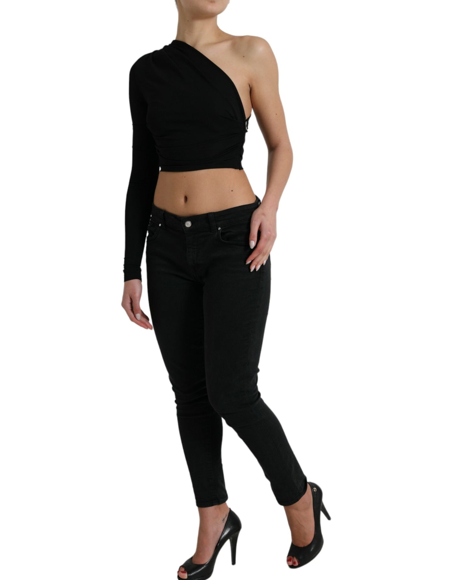 Black Viscose One Shoulder Cropped Blouse Top