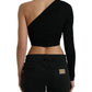 Black Viscose One Shoulder Cropped Blouse Top