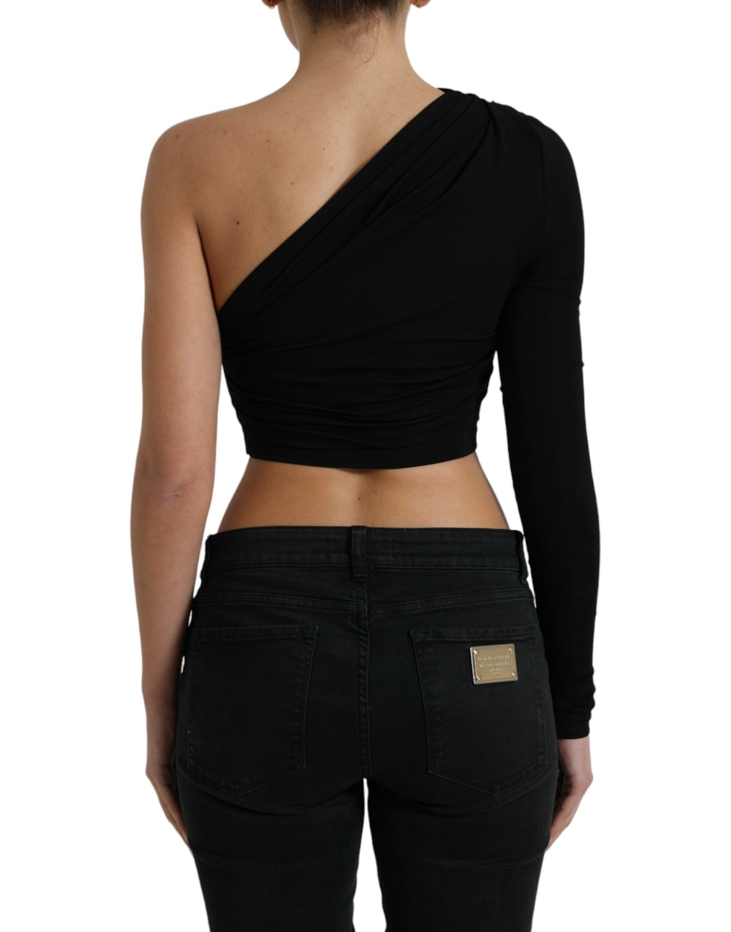 Black Viscose One Shoulder Cropped Blouse Top